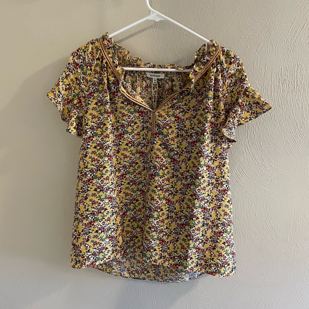 Max Studio Yellow Floral Ruffle Blouse NWT